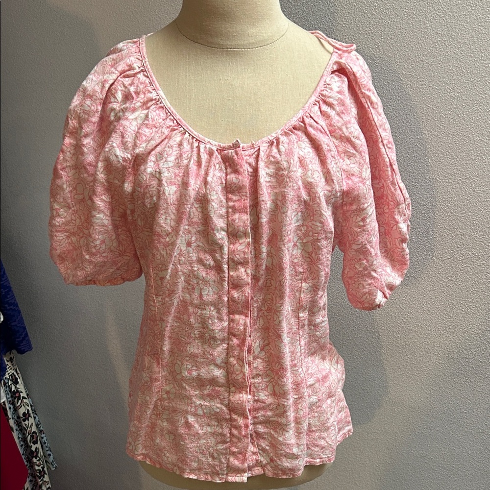 J. Crew Pink and White Floral Linen Blouse size 8